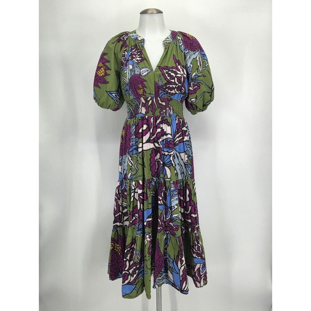 Anthropologie Conditions Apply Green Floral Puff Sleeve Midi Dress Size 2 BOHO - Picture 2 of 6